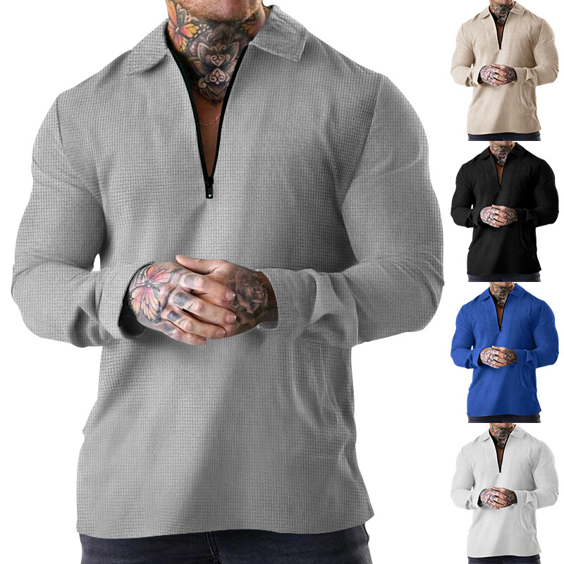 Herrkläder Heavy Waffle pikétröja med lapel långärmad fritids T-shirt_voghion.com