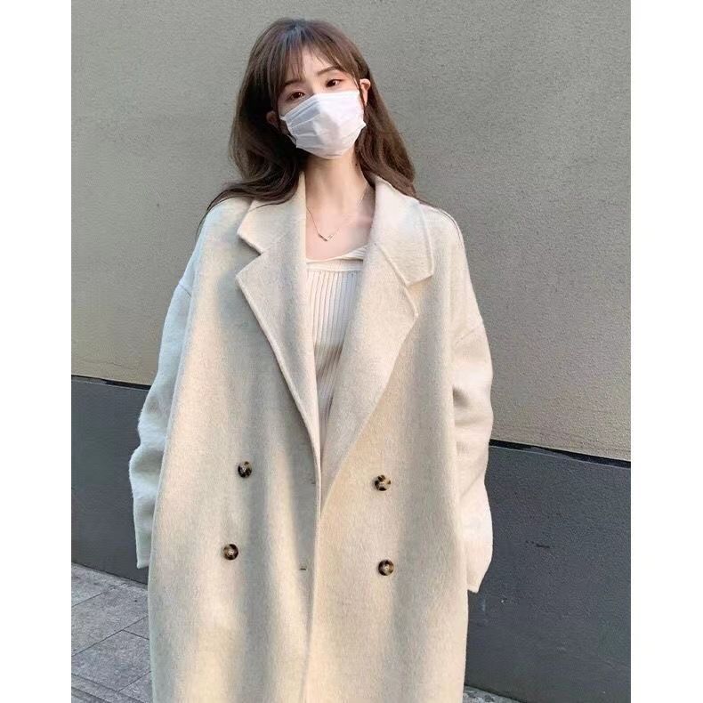Damen Grobstrick Zweireihiger Wollmantel Winter Oversize Trenchcoat Mit Pelzkragen_voghion.com