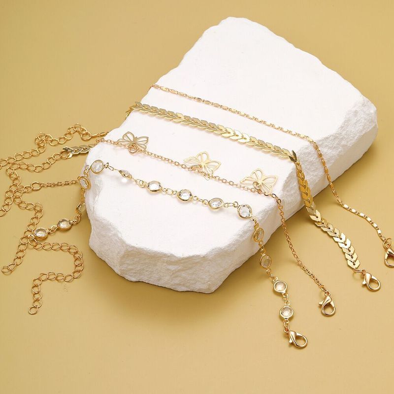 4-Piece Set Of Fashionable Simple Multi-Layer Metal Airplane Chain Hollow Butterfly Inlaid Diamond Anklets For Women_voghion.com