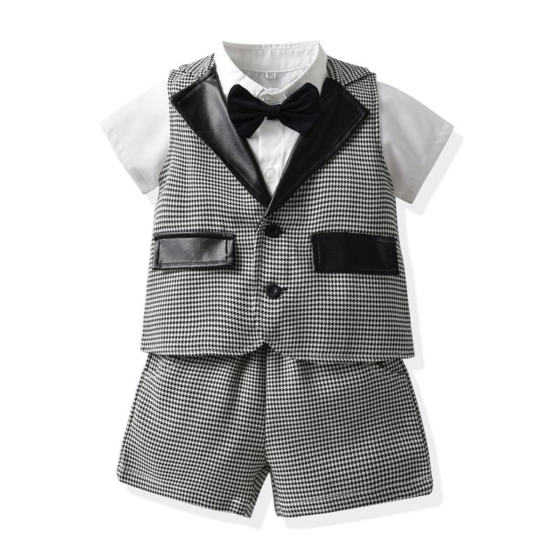 Kinderkleidung Neue Frühlings- und Herbstkleidung für Jungen, kleine karierte Weste, kurzärmeliger Hemdanzug für Kinder, einjährige Kleider-Performance-Kleidung_voghion.com