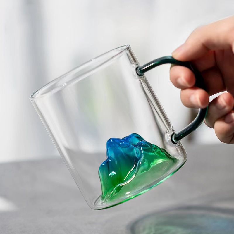 Tazza in vetro con paesaggio retrò - Design a doppia parete ispirato al Monte Fuji, resistente al calore, per tè, whisky e cold brew (bicchiere artistico da 350 ml)_voghion.com