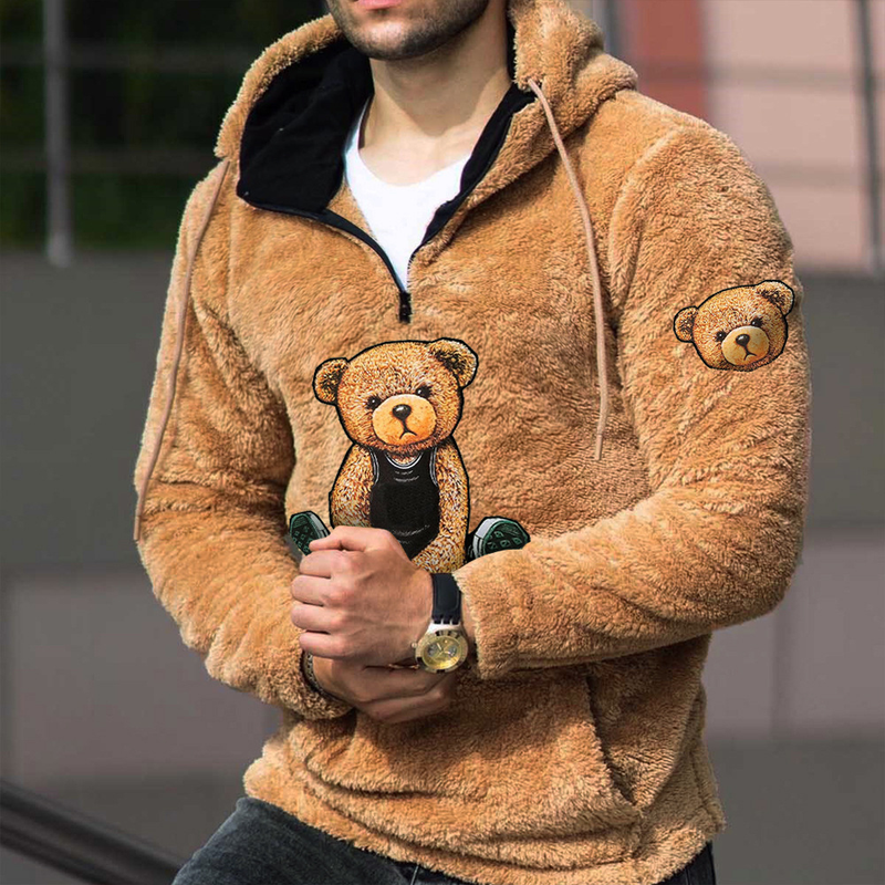 Herrenbekleidung Teddybär warmer doppelseitiger Fleece-Kapuzenpullover für Herren im Freien, lässiger Kapuzenpullover_voghion.com