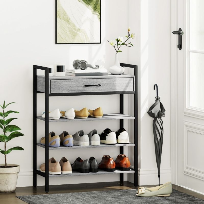 4-stufiges Schuhregal, Flurregal Für Bis Zu 9 Paar Schuhe, Spanplatte, Metall, Grau_voghion.com
