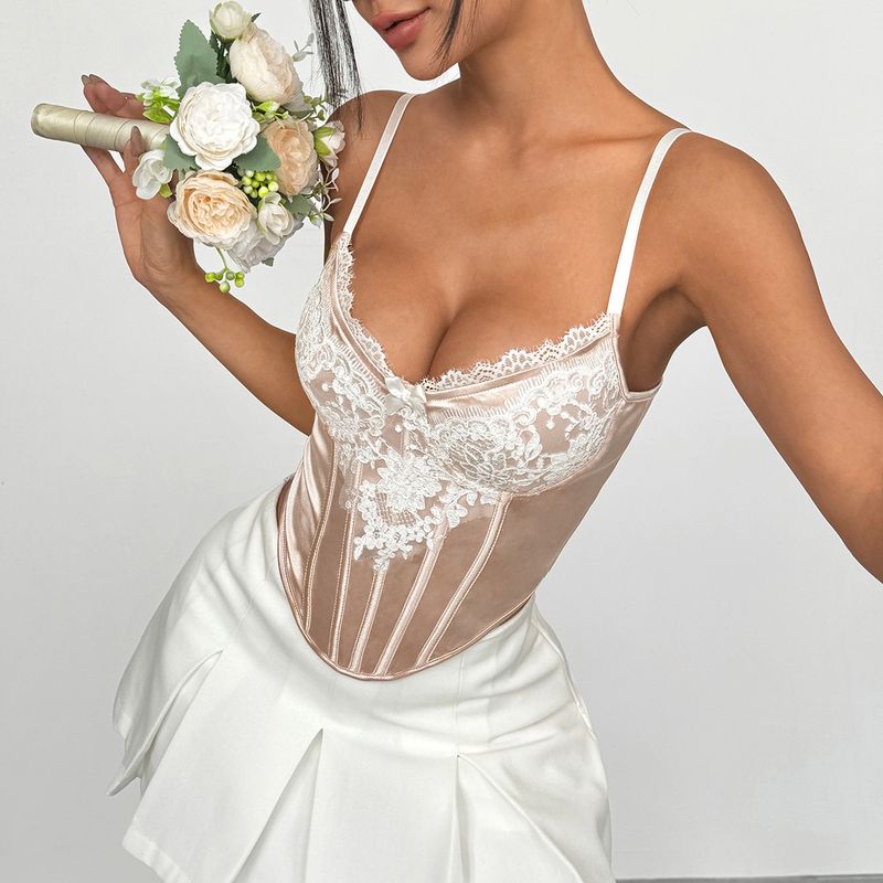 Top con ferretto e schiena a rombi in raso altamente elasticizzato con pizzo e ricami in rete da donna - Beige (S/M/L)_voghion.com