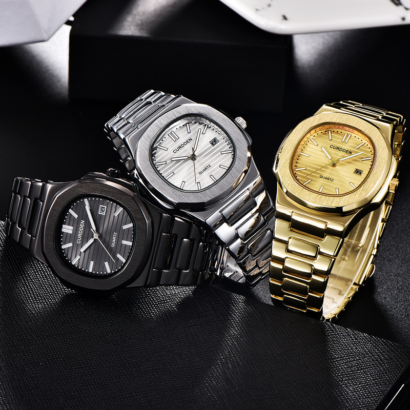 Herrenuhr mit Stahlband, modisch, goldfarben, Datum, Quarzuhr_voghion.com