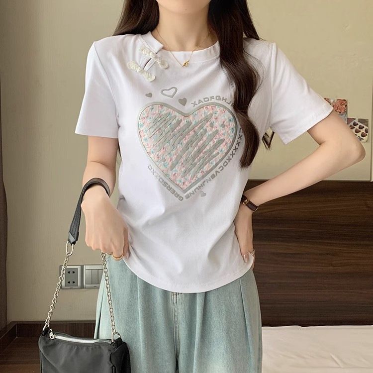 Maglietta a maniche corte stampata in stile cinese con fibbia a piastra per donna 2024 nuova maglietta interna bianca estiva, top snellente_voghion.com