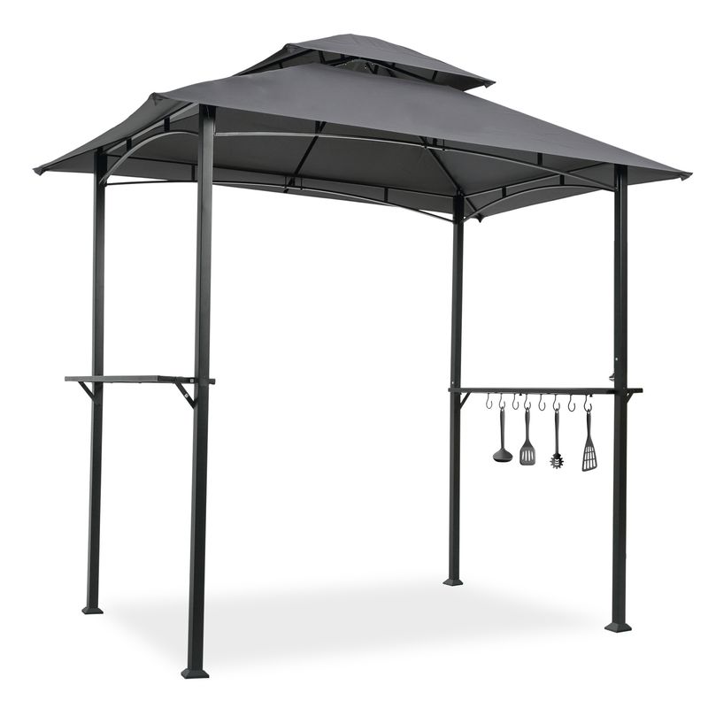 Outdoor Grill Gazebo 8 x 5 Ft; Shelter Tent; Double Tier Soft Top Canopy and Steel Frame with hook and Bar Counters_voghion.com