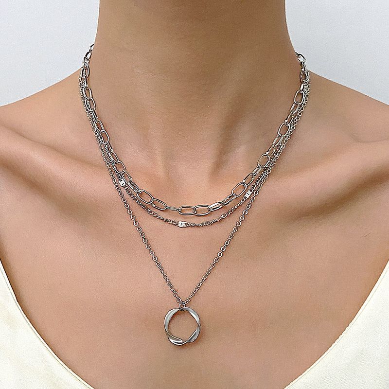 ins Style Exaggerated Thick Chain Stacked Necklace Women's Punk Hip-Hop Circle Pendant Multi-Layer Alloy Necklace Trendy_voghion.com