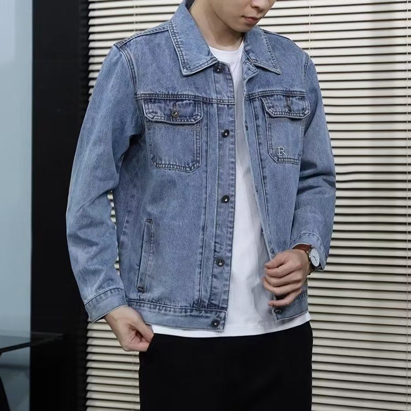 Neue Jeansjacke für Herren, lockere Trendmarke, Herbst, lässige Arbeitsjacke, Retro-Blau, schöne Jeansjacke_voghion.com