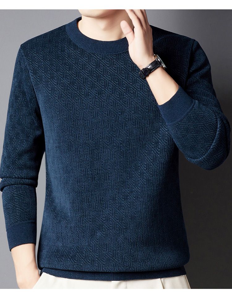 Herrenbekleidung Winterpullover für Herren Plus Samt Verdickter Jacquard-Karos All-in-One-Samt Warmes Oberteil Einfarbiger Rundhalspullover_voghion.com