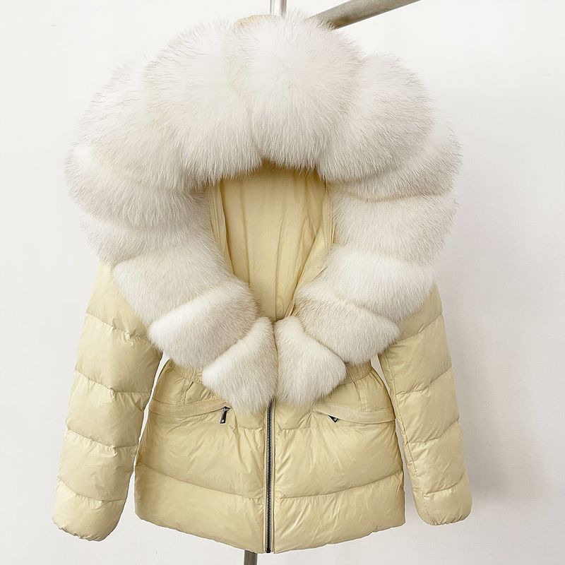 Nuovo stile caldo del commercio estero, giacca corta da donna con collo in vera pelliccia di volpe, giacca in piumino con vita sottile e spessa_voghion.com