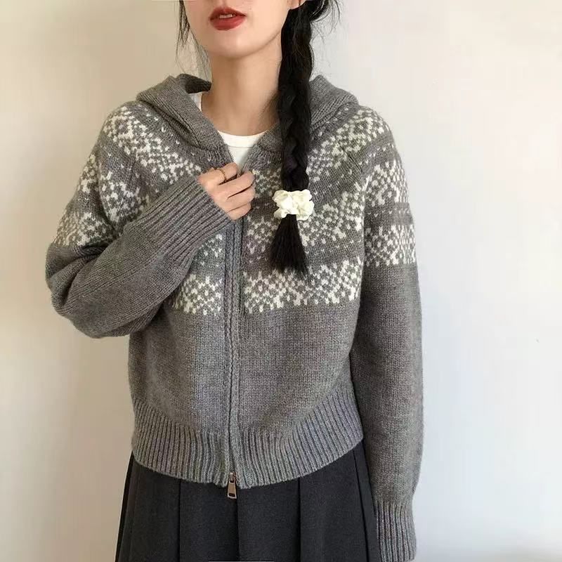 Herbst und Winter Weihnachten rot Kapuzenpullover Damen Retro kurze Strickjacke Jacke_voghion.com