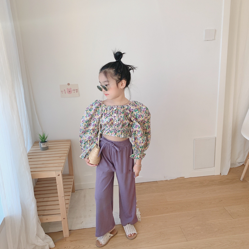 Barnkläder höst nya barnkläder flickor mode blommig topp med hög midja plus vida byxor kostym_voghion.com