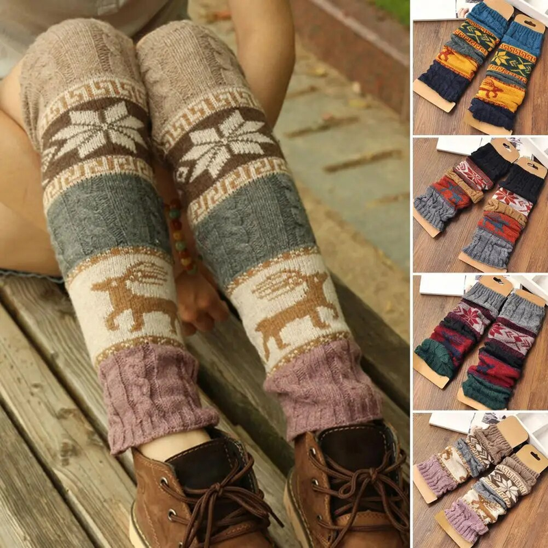 Chaussettes hautes en Crochet pour femmes, motifs de flocons de neige, cerf, haute élasticité, Long terme, Style britannique, tricot torsadé, bottes hautes_voghion.com