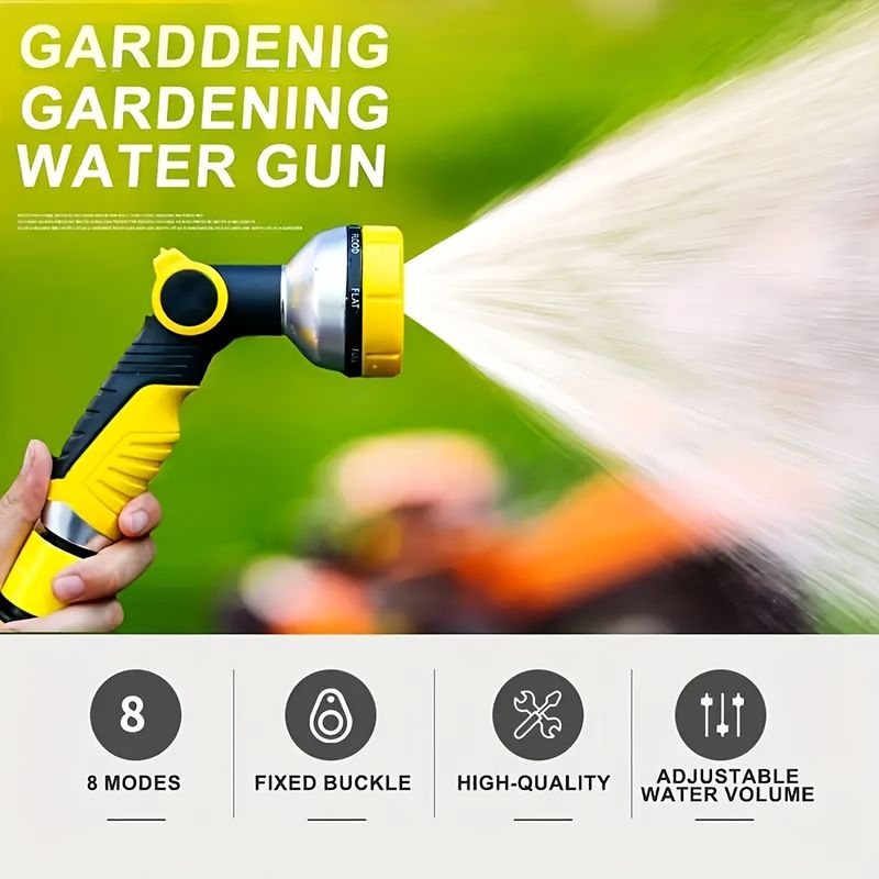 One Yellow 8-function Handheld Water Sprinkler To Upgrade Your Garden, Made Of ABS Resin, With An Adjustable Nozzle, Suitable For Car Washing_voghion.com