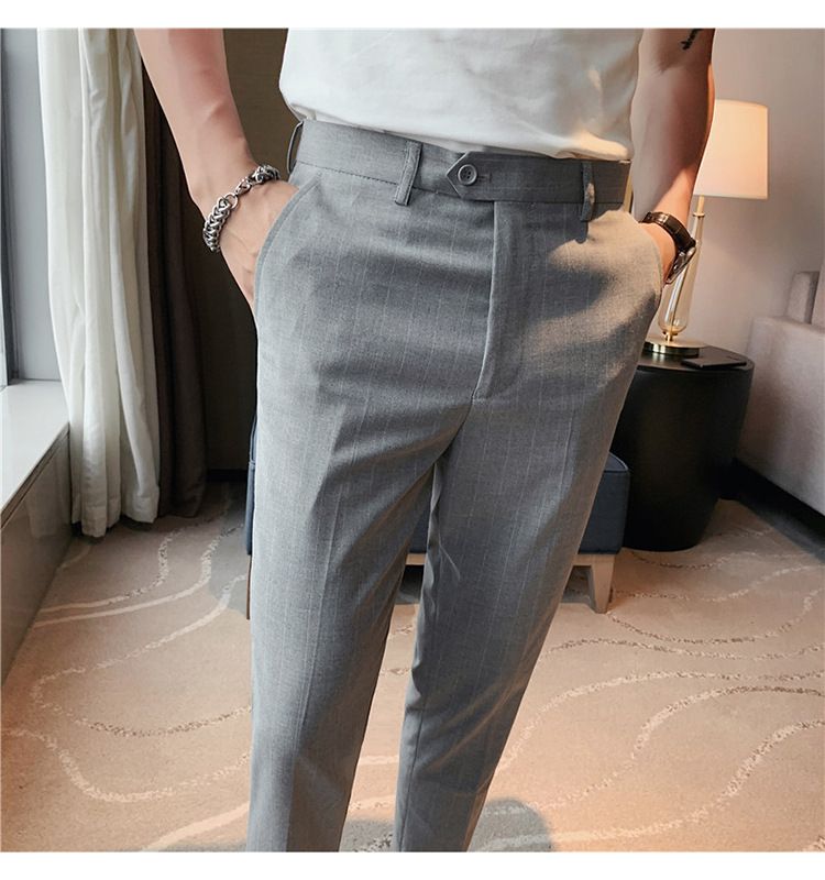 Summer thin men's slim-fitting trousers fashionable striped pants Korean version comfortable micro-elastic small foot_voghion.com