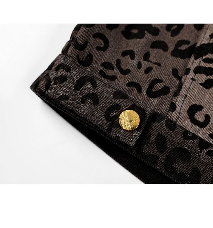 Giacca corta in denim con stampa leopardata sfumata da donna, design casual ampio, per primavera e autunno, top alla moda_voghion.com