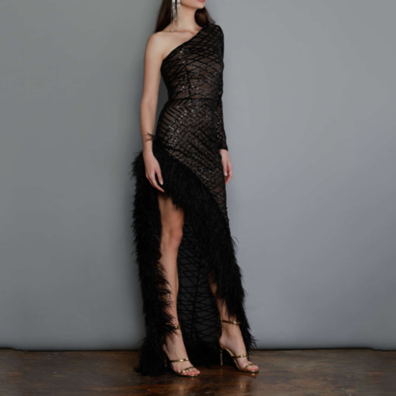 Abbigliamento da donna tinta unita senza maniche colletto obliquo irregolare temperamento abito da sera in rete gonna lunga_voghion.com
