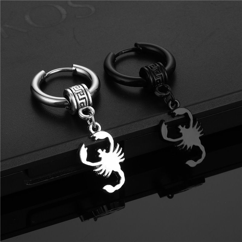 Boucles d'oreilles créoles en acier inoxydable de style coréen avec pendentif scorpion, tendance, hip-hop_voghion.com
