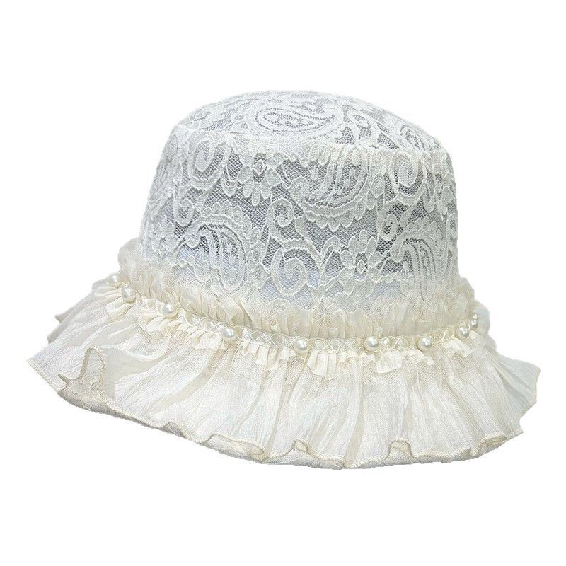 Women's Lace Bucket Hat Travel Shade Summer Thin Mesh Wavy Flat Top Basin Hat_voghion.com