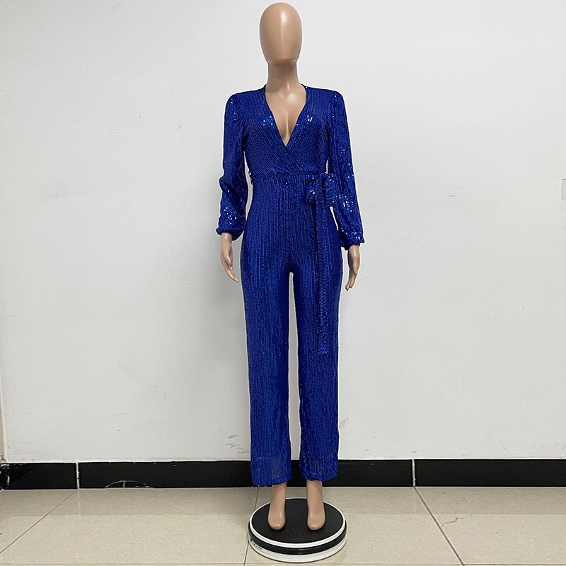 Damkläder Ins Style Deep V Mode Casual Jumpsuit Långärmat Bälte Paljett Jumpsuit Dam_voghion.com
