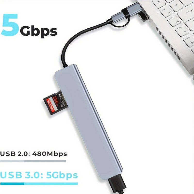 Hub USB 8 em 1 compacto com entrada de áudio, adaptador multiporta para tablets, alimentação USB, tensão operacional de 5 V, compatível com tablets_voghion.com