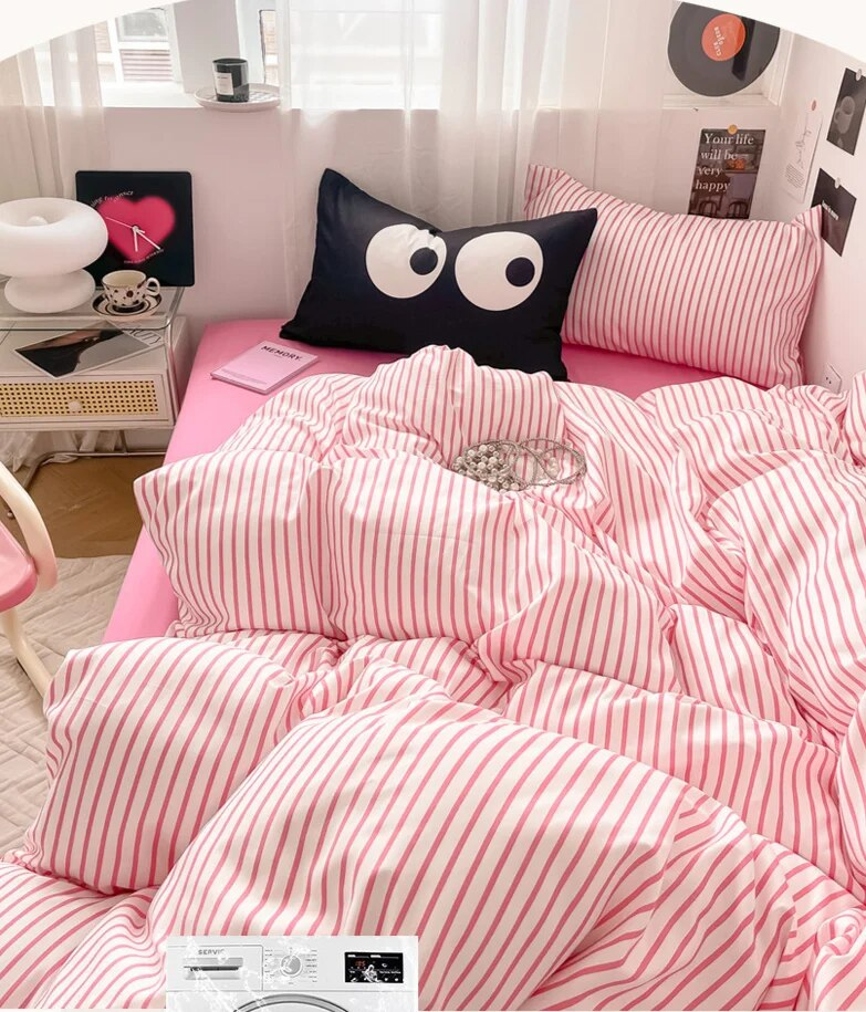 Summer Inns Sweet Cool Blog Stile principale Set di lenzuola a quattro pezzi a righe semplici colorate per la biancheria da letto del dormitorio degli studenti_voghion.com