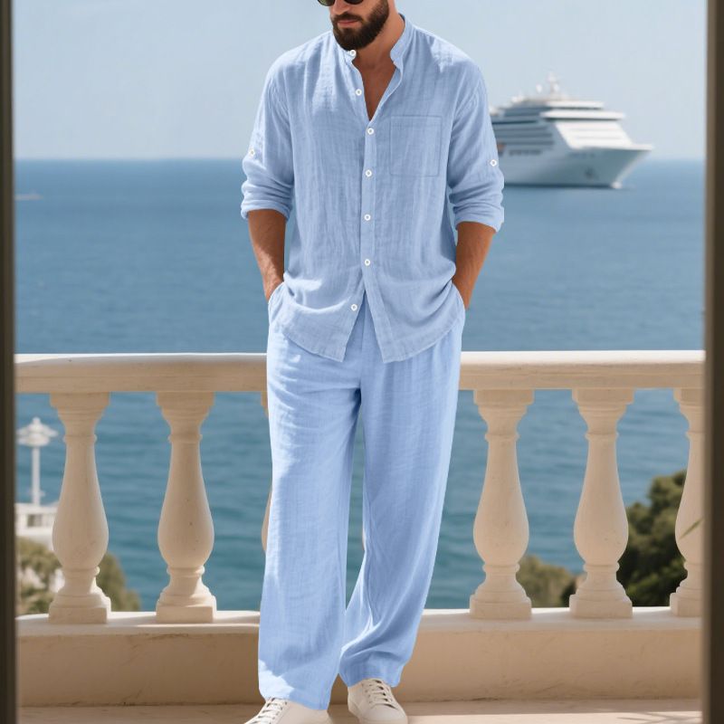 Camicia Henry a maniche lunghe, comoda e traspirante, in lino autunnale, da uomo, per la casa e la spiaggia_voghion.com