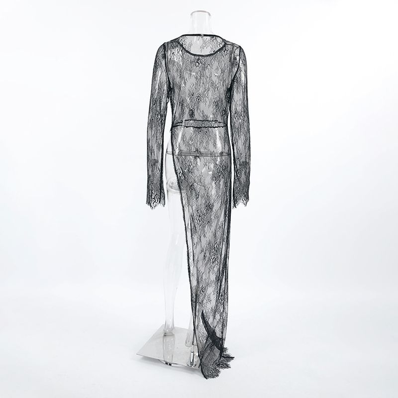 Damenbekleidung Sexy schwarzes durchsichtiges Kleid mit Spitze, Rundhalsausschnitt, langen Ärmeln und Schlitz, asymmetrisches Kleid, langes Kleid für den Sommer_voghion.com