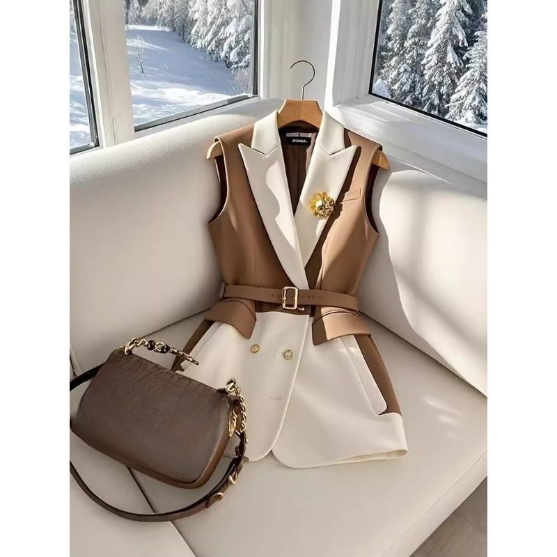 Frühling Sommer Jacke Weste Farbe Block Kaffee Ärmellose Blazer Weste Retro Weibliche Oberbekleidung Alle-spiel Mode Büro Dame_voghion.com