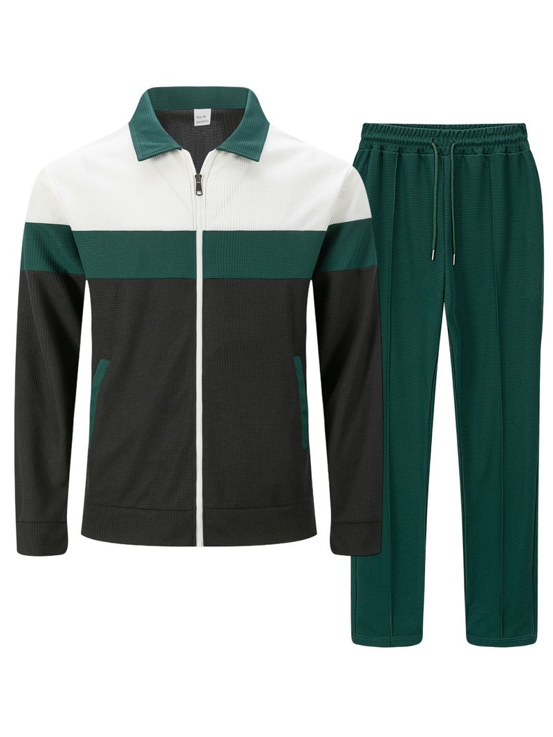 Herren-Set aus Jacke und Hose mit Reißverschluss im Waffelstrick-Farbblockdesign – Stilvolles Herbst-Outfit für Freizeit- und Sportbekleidung_voghion.com