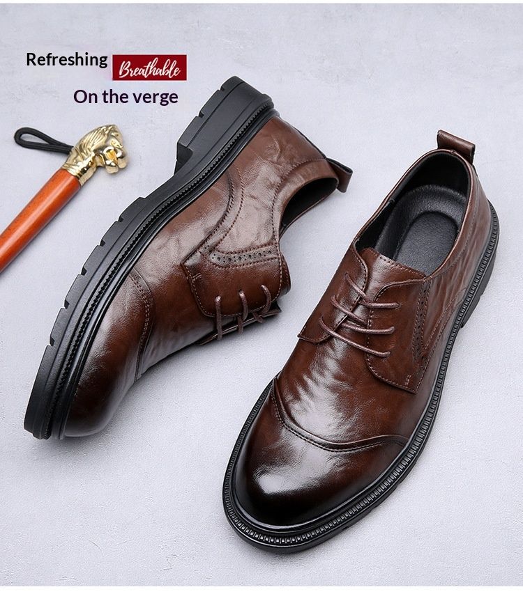 Voyage Business Formal British Round Toe Derby Genuine Leather Casual Lace-up Men's Breathable Groom Wedding Shoes Men_voghion.com