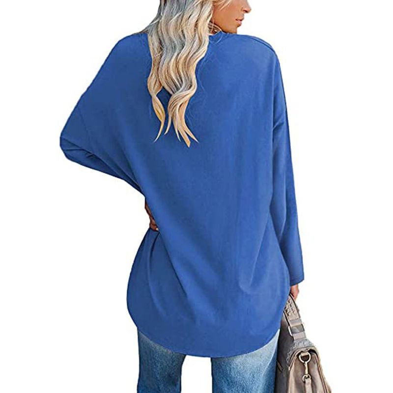 Camiseta extra grande, nova, solta, ombro caído, decote em V, cor sólida, top feminino, manga comprida_voghion.com