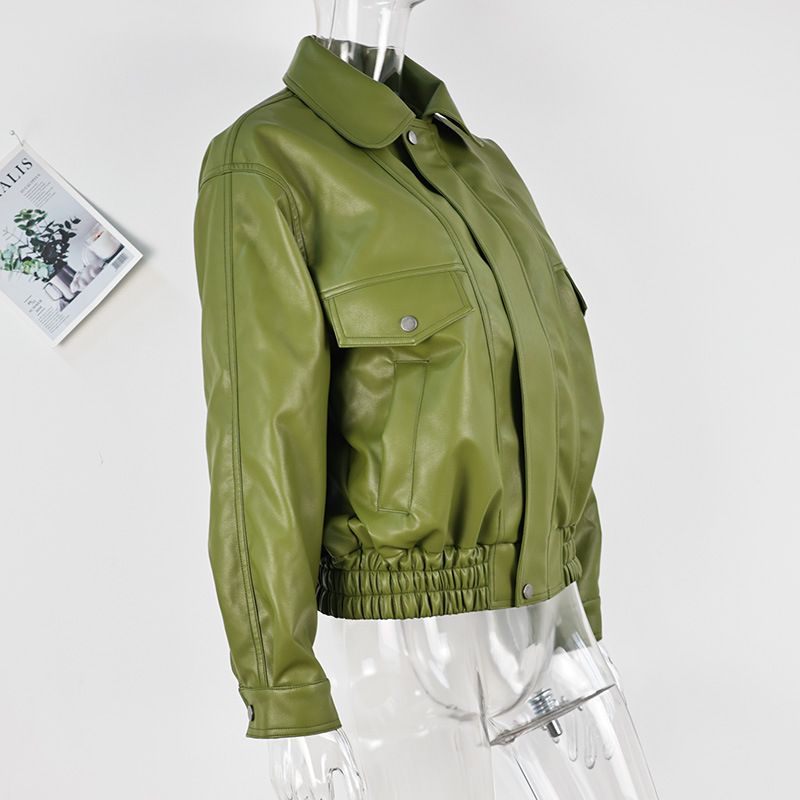 Giacca in similpelle di ispirazione vintage con revers a lancia – Vestibilità oversize, verde oliva e marrone, stile moderno da pendolare_voghion.com