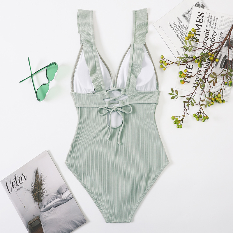 Maillot de bain une pièce sexy européen et américain, couleur unie, col en V à volants, pour femme, style transfrontalier_voghion.com