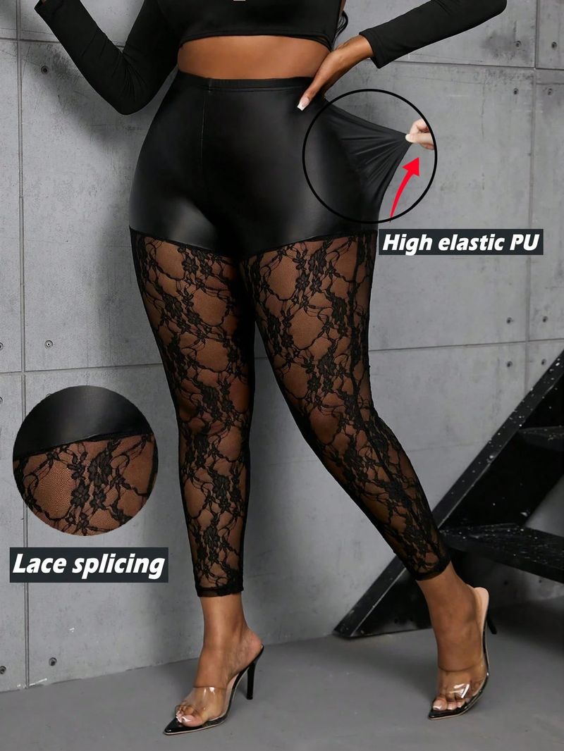 Women's Clothing Large Size Hip Lace Splicing Semi Transparent Trousers_voghion.com