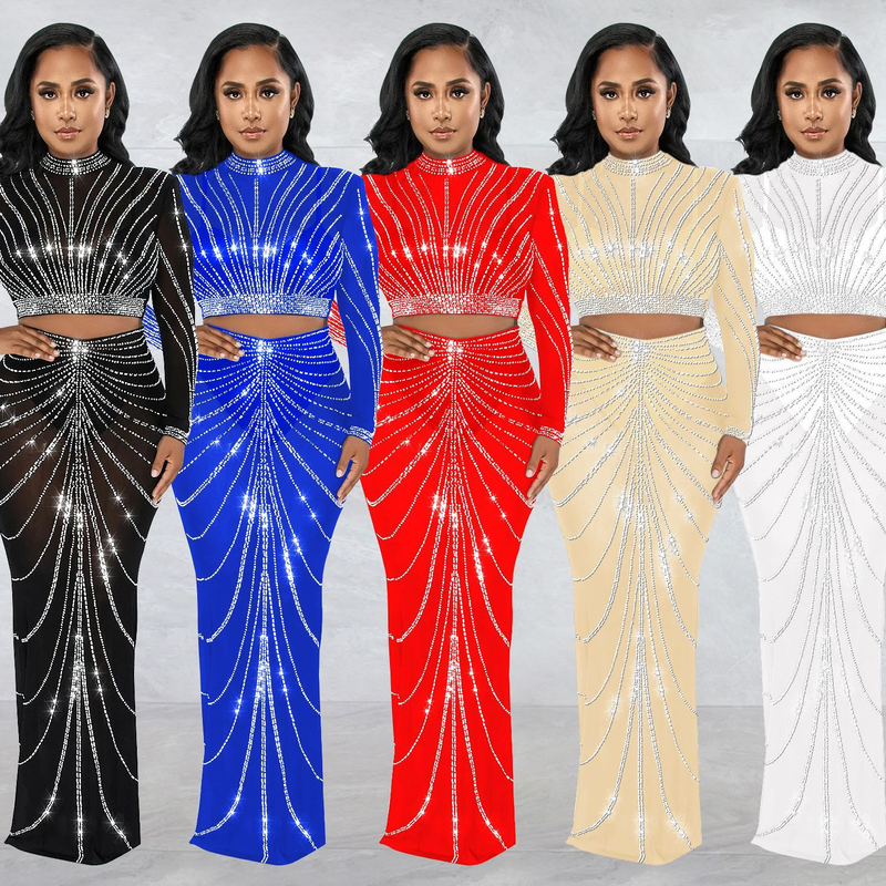 Kadın Giyim Mesh Mesh See Through Uzun Kollu Uzun Etek İki Parça Set_voghion.com