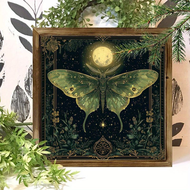 Vintage Green Luna Moth koka sienas māksla 8x8 collu ierāmēts dekors ar mistiskām nakts debesīm un ziediem, lieliski piemērots mājām, birojam vai lauku mājai — unikāla dāvanas ideja_voghion.com