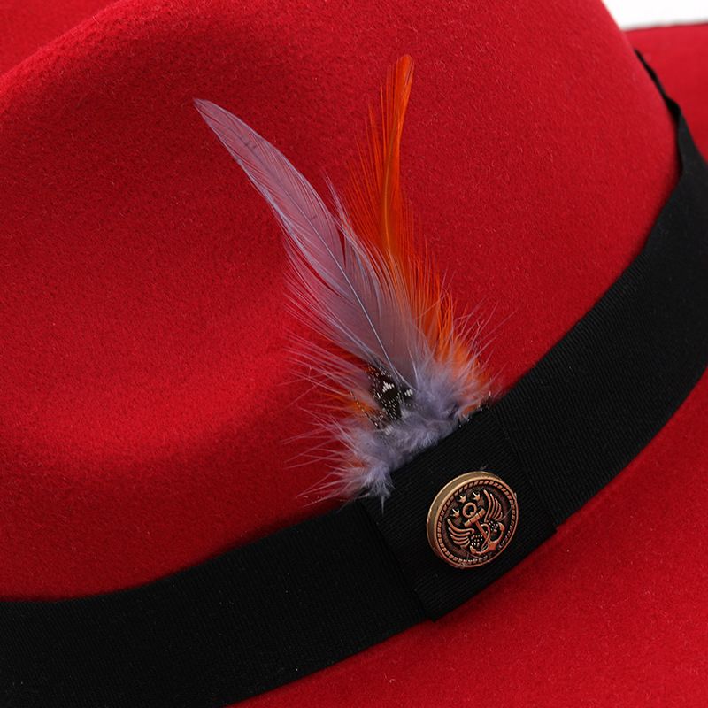 Cintura intrecciata in feltro di lana con piume di colore unito bordata per feste autunnali e invernali, cappello a cilindro jazz alla moda con tesa piatta_voghion.com