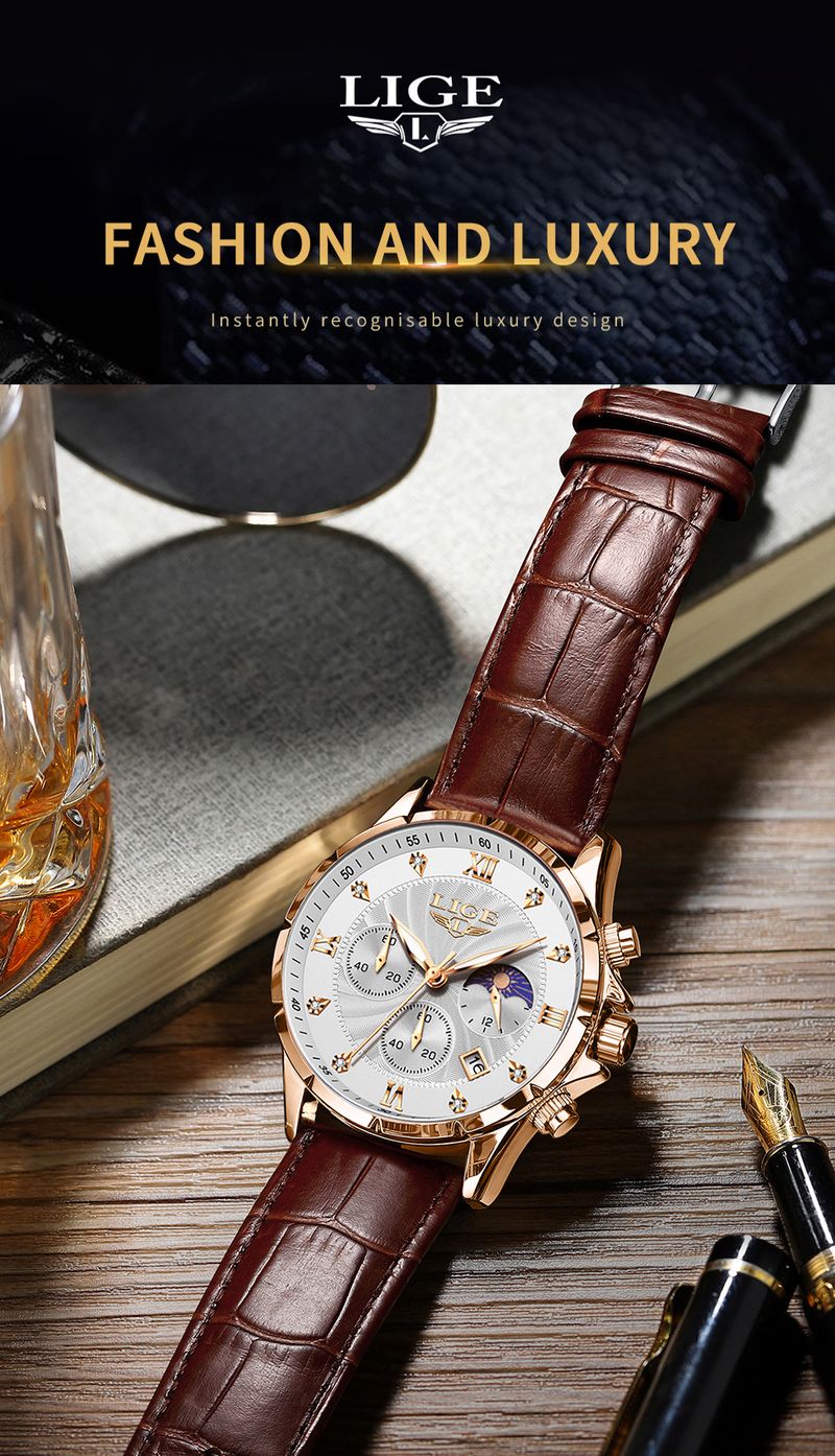 Herren Business Quarzuhr mit Mondphase, Kalender, wasserdicht, Edelstahl- oder Lederarmband_voghion.com