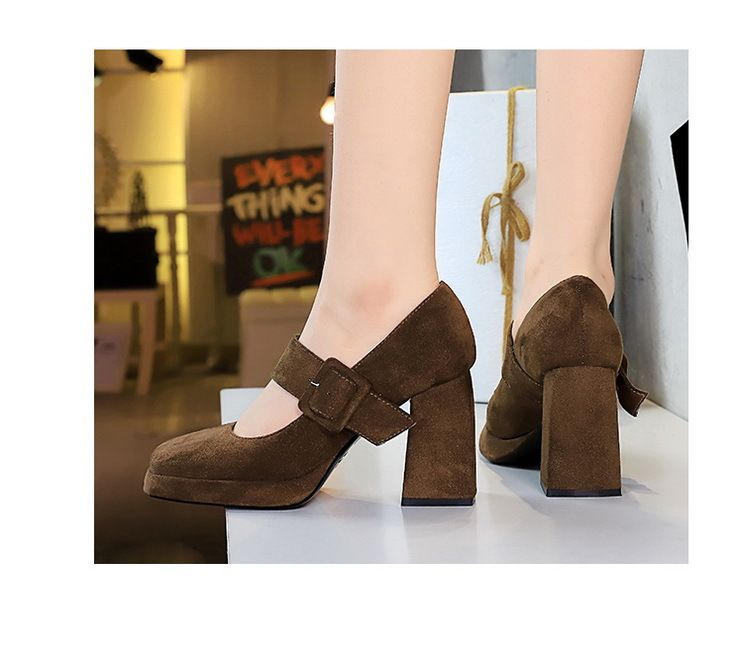 9613-6 style high thick heels, waterproof platform, suede, straight line with belt buckle, shallow mouth Mary Jane_voghion.com