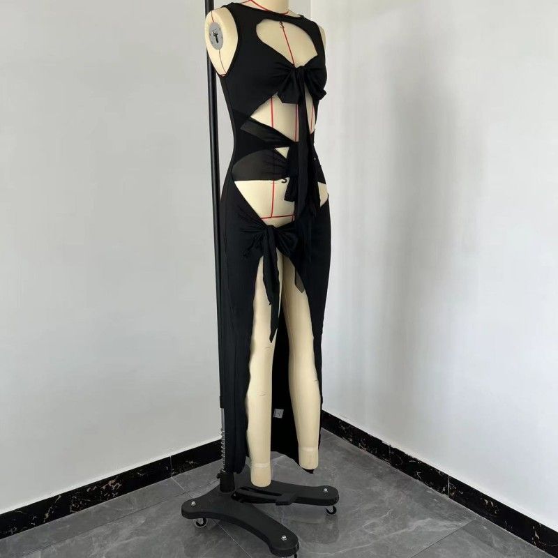 Moda femminile Pannelli in rete trasparente Ritagli Fessure per cravatte Abiti senza maniche irregolari_voghion.com