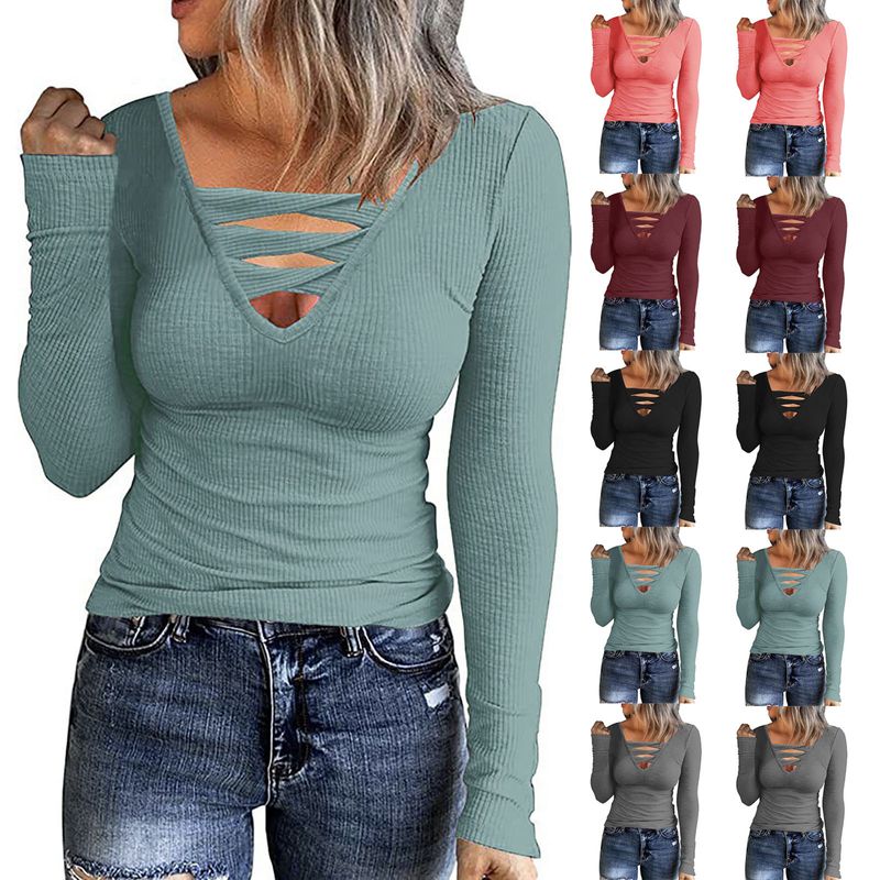 2022 Herbst Neue Damen Knopfweste Farbe V-Ausschnitt Langarm T-Shirt Top_voghion.com