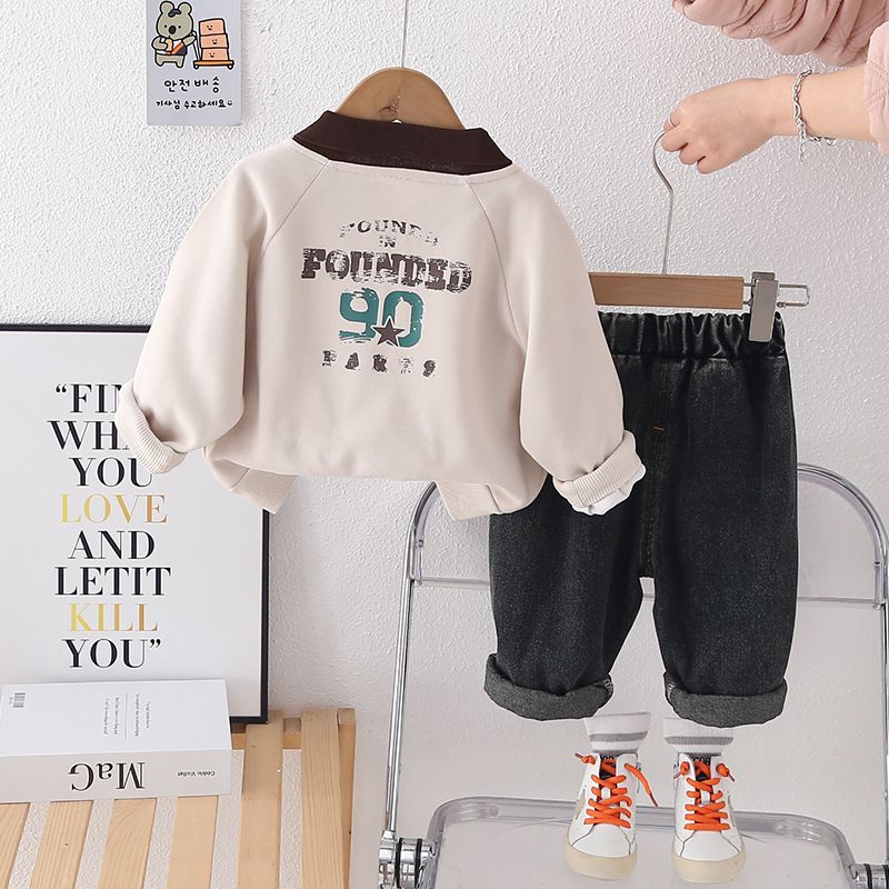 Abbigliamento per bambini primavera e autunno 2025, versione coreana, colletto a ribalta, casual, felpa con cappuccio e maniche lunghe, due pezzi._voghion.com