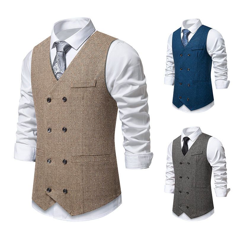 2025 New Men's Herringbone Fabric Double-breasted Retro Lapel Suit Vest_voghion.com