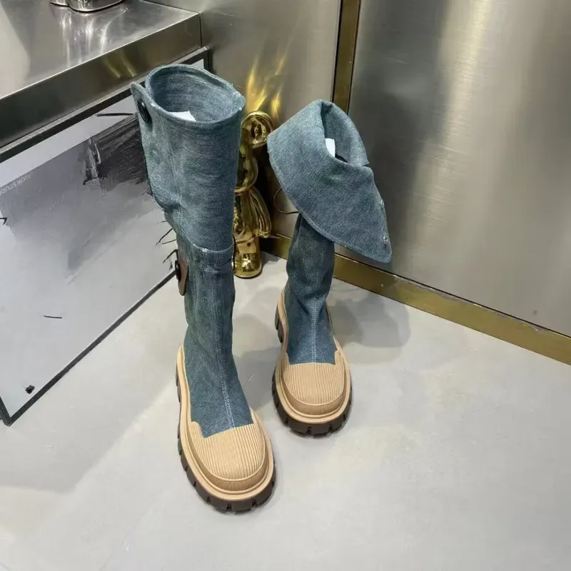 Retro Denim Chunky Platform For Women 2024 Autumn Patchwork Western Style Cowboy Boots Woman Thick Heels Mid Calf Botas_voghion.com