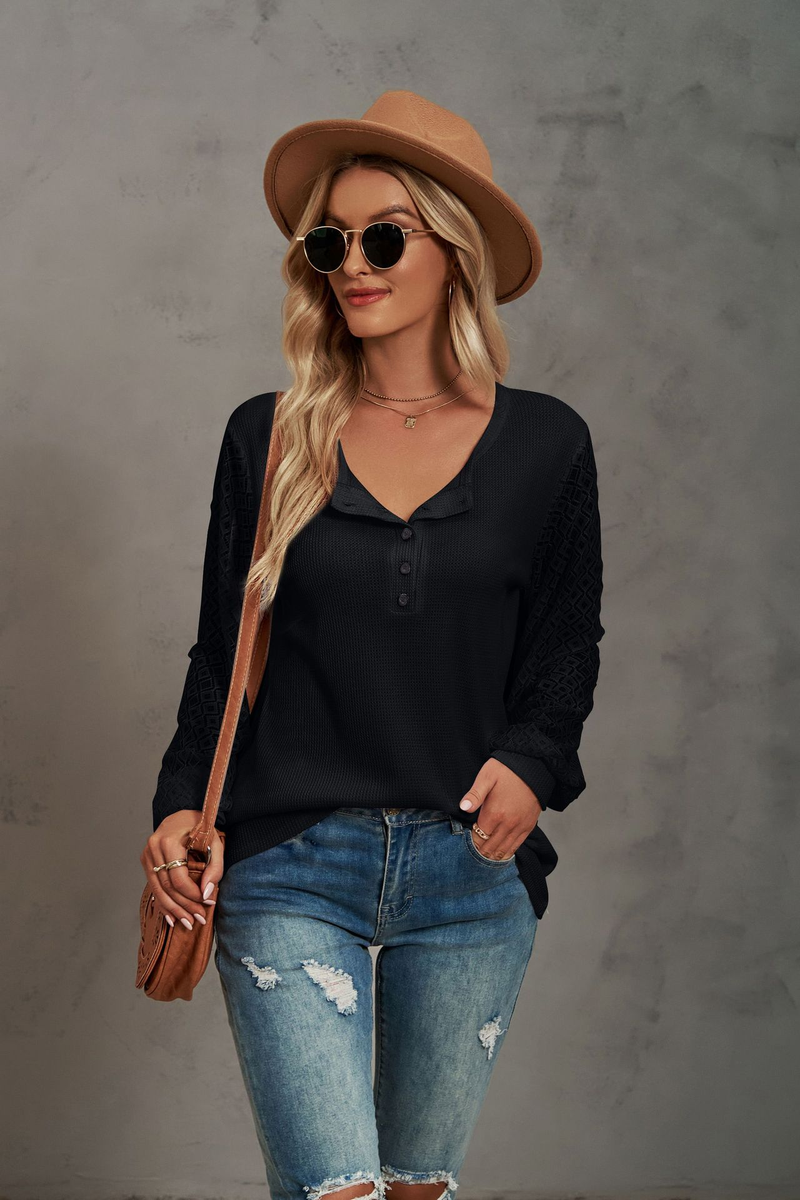 Women's Clothing Casual Waffle Grace Panel Long Sleeve Button T-shirt Top_voghion.com