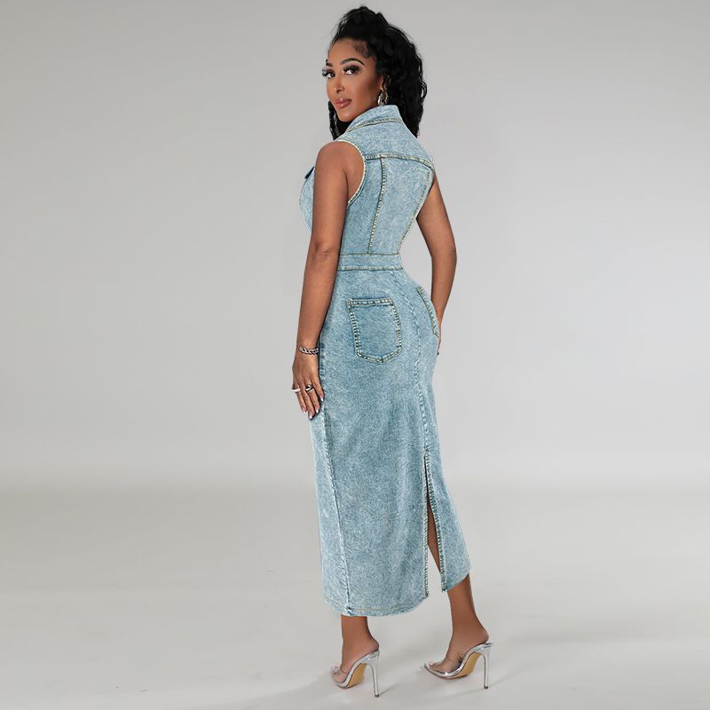 Abbigliamento da donna taglie forti abito senza maniche in denim con spacchi sul bavero_voghion.com