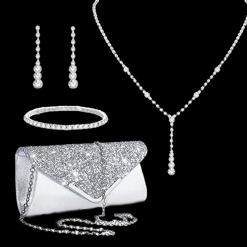 Set di gioielli da donna: elegante collana a V, orecchini, bracciale e fermagli per abiti con dettagli in strass per feste serali e occasioni speciali_voghion.com
