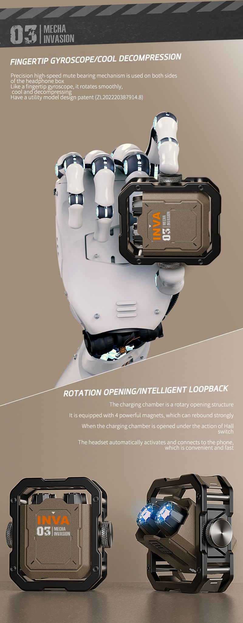 INVA-S TWS kabellose Ohrhörer, mechanische InvasionLED-Fingergyro-Headsets mit BT5,3,6 mm dynamischen Bluetooth-Kopfhörern_voghion.com